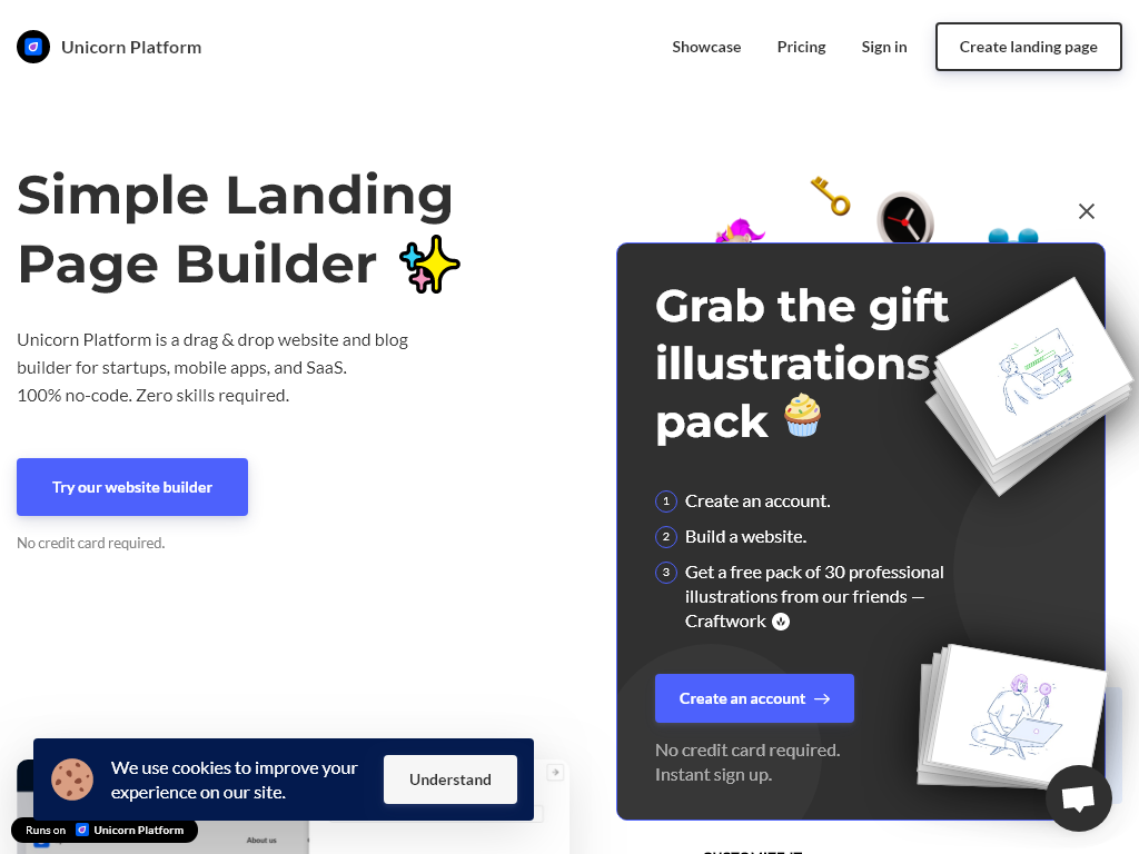 Unicorn Platform is a drag & drop website and blog builder for startups