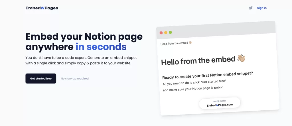 Embed N Pages is the easiest way to embed a Notion page on any website.rnrnGenerate an embed snippet with a single click and simply copy & paste it to your website.-find-Free-AI-tools-Victrays.com_