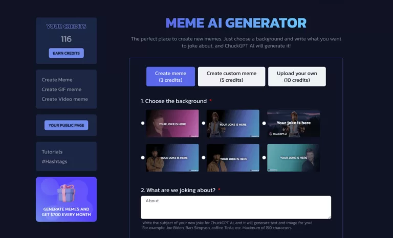 Generate funny memes with the help of AI in the form of Chuck Norris jokes. Easily share them on social media like Twitter