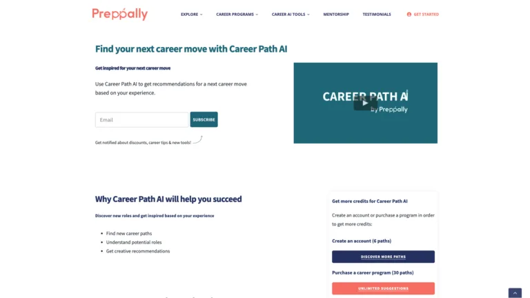 Career Path AI by Preppally Get Inspiration for your next career move. Find up to 3 different career paths based upon your previous experience and start working towards a new role. Advance your career and learn what's possible using the Career Path AI tool from Preppally. find Free AI tools directory Victrays