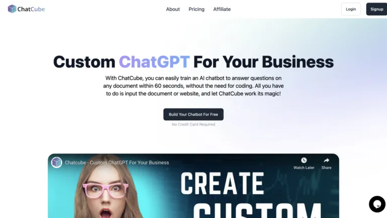 ChatCube Custom ChatGPT for your business!rnWith ChatCube you can easily train an AI Chatbot to answer question on any document or website in 60 seconds. Without the need to code! All you have to do is input the document or website and let Chatcube work its magic! find Free AI tools directory Victrays
