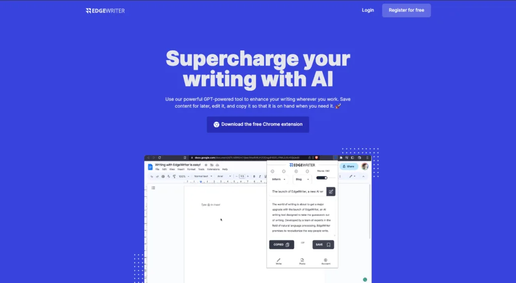 EdgeWriter-EdgeWriter is an AI writer that lives in your browser as a Google Chrome web extension. You can use it to create