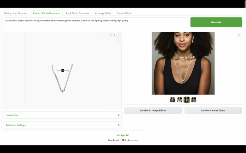 caspa AI caspa AI is a platform to create and customise AI images in minutes: (79s demo at caspa.ai)rnrnKey features:rn- AI-powered image creation: generate unique images effortlesslyrn- Realistic human models: create lifelike human images for various purposesrn- Text-to-image: unique stock images created in secondsrn- Time and cost-effective: produce visuals 30x faster at a fraction of the costrnrnUse cases:rn- Create visually appealing images for marketing campaigns