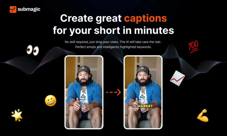 Submagic Submagic is an AI for content creators that generates eye-catching & trendy captions with emojis for your short-form content in less than 2 minutes. Upload your video