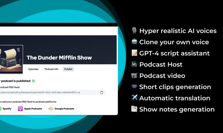 Wondercraft AI Wondercraft is a podcast builder that leverages AI voices to let anyone go from idea to published podcast in minutes. For example
