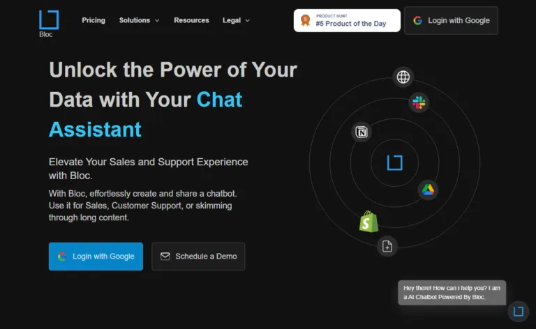 Bloc Transform data (PDFs/Documents/Web/Notion) into AI Chat in minutes. Boost sales & enhance support with smart bots. Seamless user experience. No code
