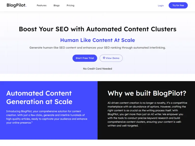 BlogPilot.ai Boost Your SEO | Automated Content Clusters | Human-Like Content At Scale