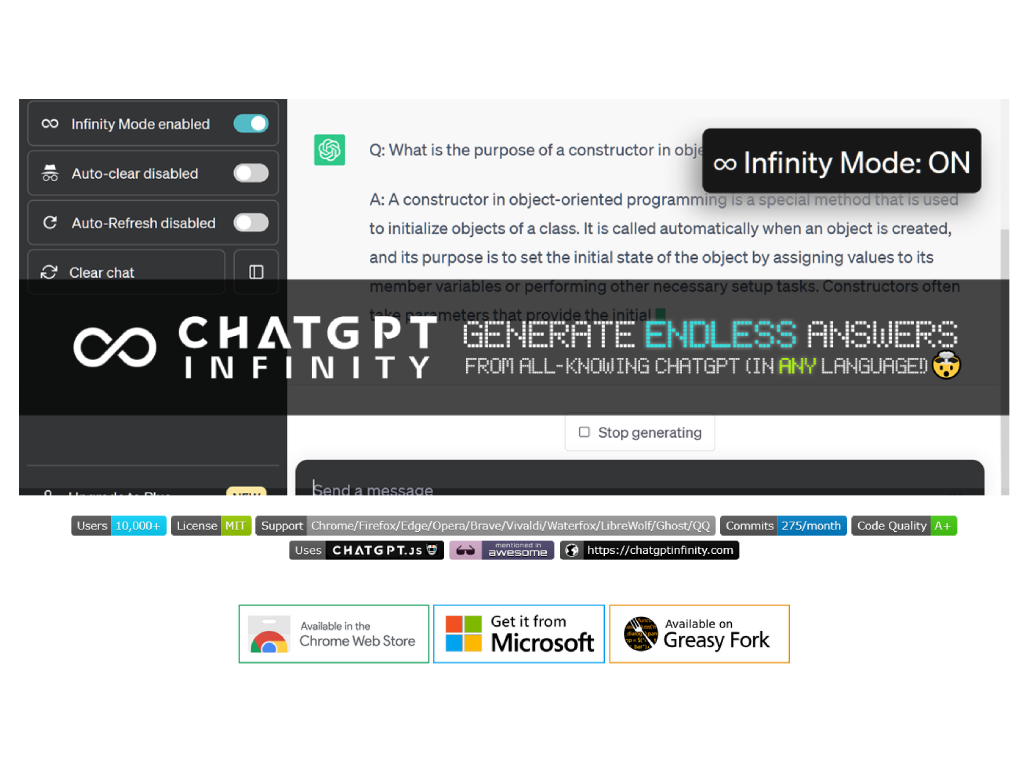 ChatGPT Infinity Generate endless answers from all-knowing ChatGPT (in any language!) find Free AI tools list directory Victrays