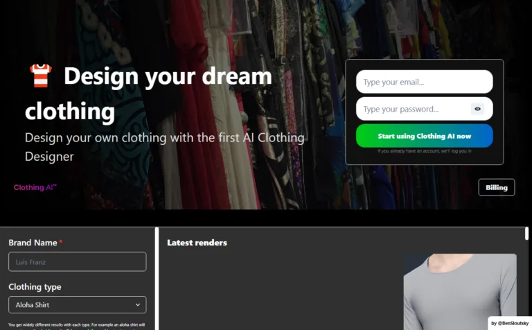 ClothingAI ClothingAI empowers businesses by crafting unique clothing designs and stunning prints/embroidery/puffs. Captivate customers and stand out with personalized apparel that merges style and individuality seamlessly. find Free AI tools list directory Victrays