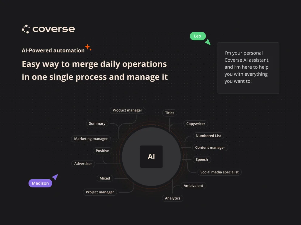 Coverse — AI-Powered Visual Operation System for Distributed Teams Coverse AI helps teams merge daily operations in one single process and manage it. Bring all your project materials on a visual space