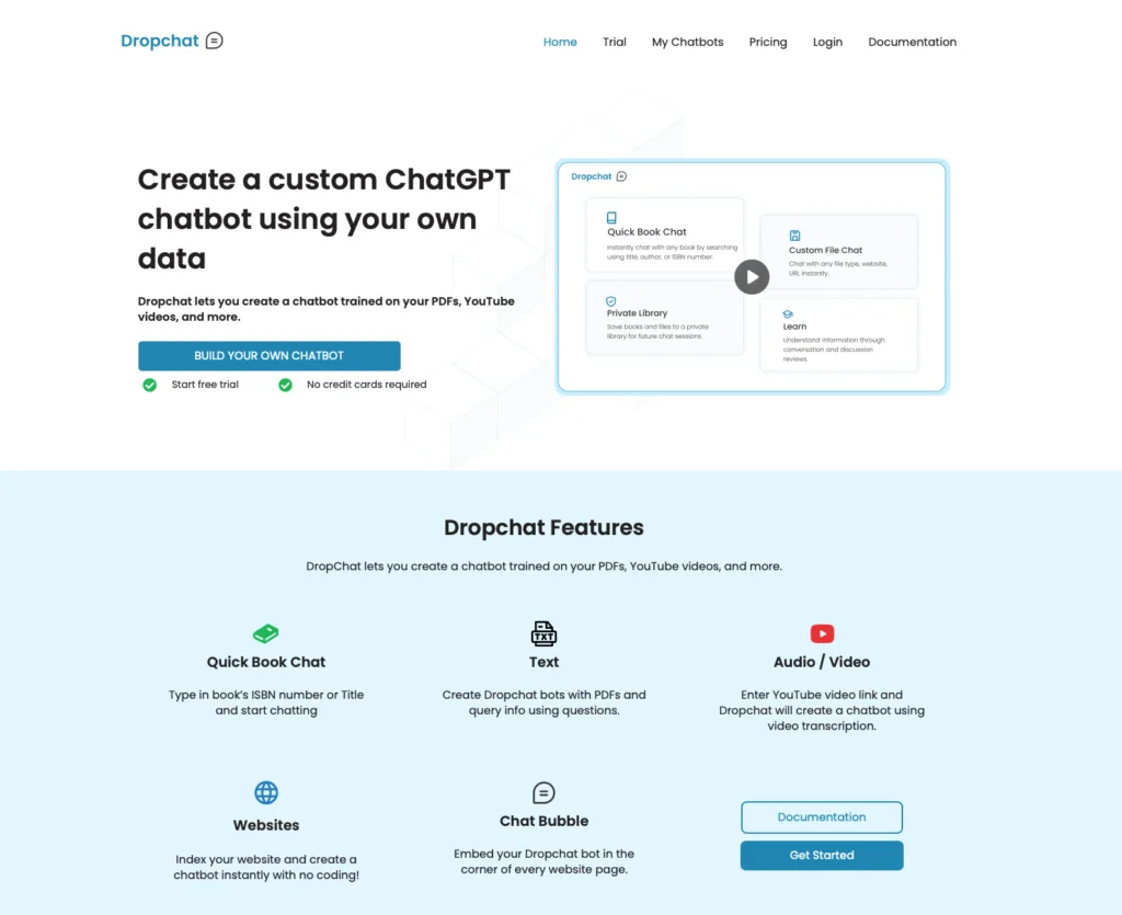 Dropchat Dropchat is a tool that lets users create a custom ChatGPT with their own files. Dropchat also comes with a “Quick-Book Chat” feature where users can chat with any book by searching the title and author. Dropchat’s target customers are people that want to outsource their repetitive or tedious internal processes to AI. For example