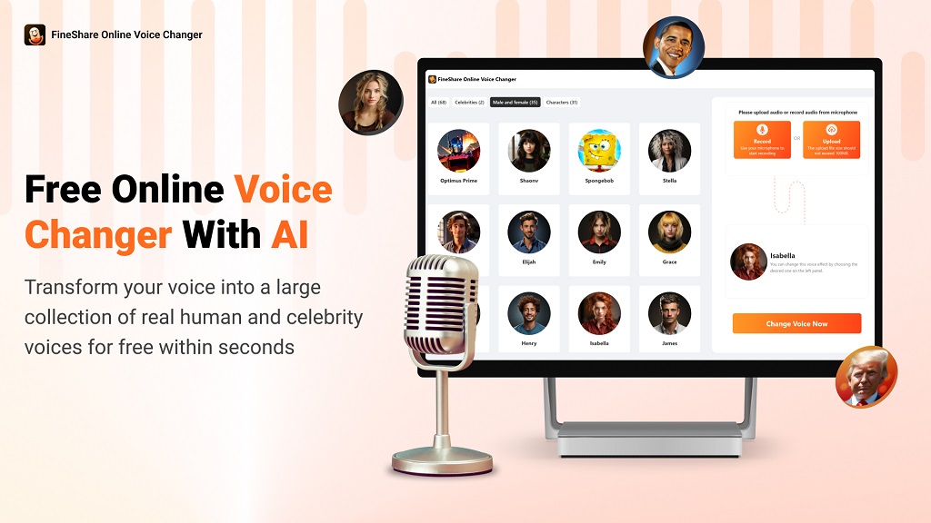 FineShare Online Voice Changer FineShare online voice changer can transform your voice into various realistic voices of characters and celebrities for free within seconds. 100% powered by AI. find Free AI tools list directory Victrays