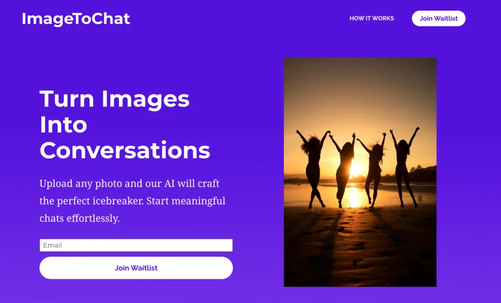 ImageToChat AI Upload any photo and our AI will craft the perfect icebreaker. Start meaningful chats effortlessly.