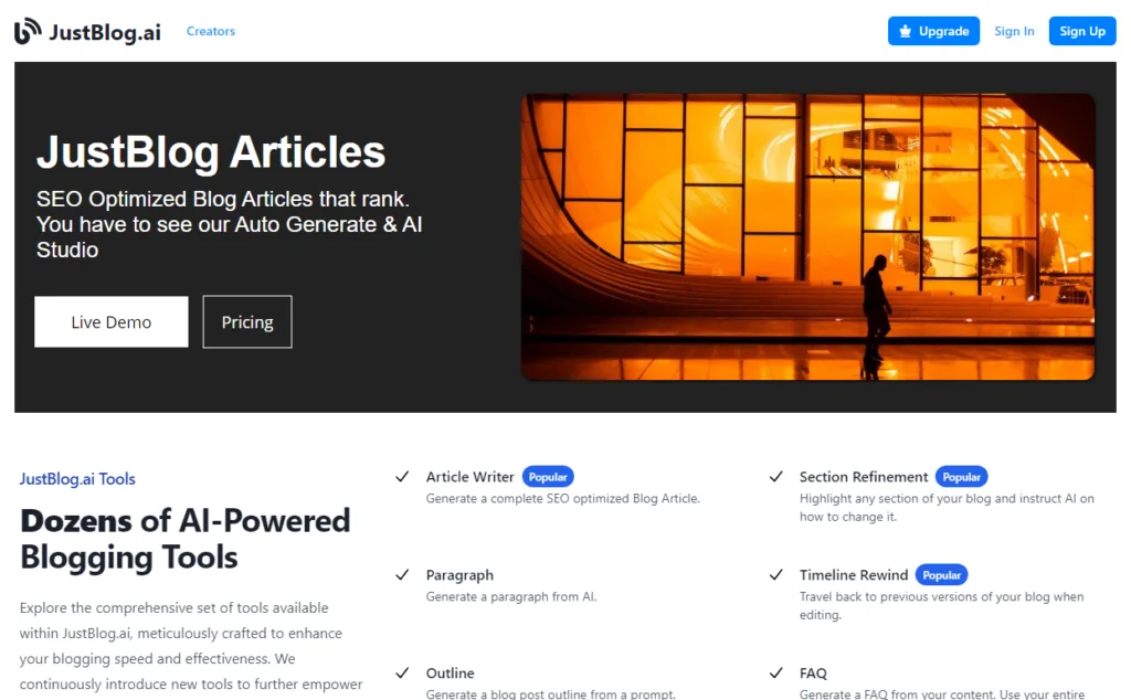JustBlog.ai On JustBlog.ai you can create SEO articles and publish them on the site or to Wordpress. We support working links