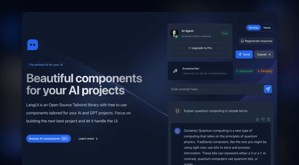LangUI LangUI is an Open Source Tailwind library with free components tailored for your AI and GPT projects. It offers a collection of beautiful