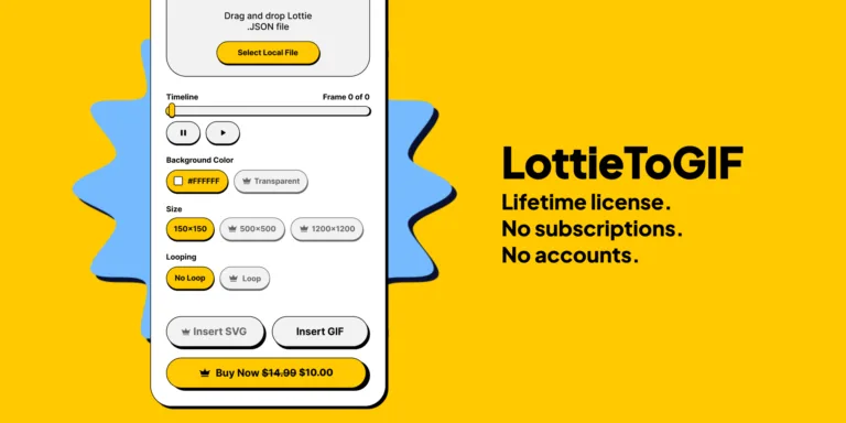 LottieToGIF for Figma LottieToGIF lets you seamlessly convert your Lottie .JSON animations to high quality GIFs for prototyping without interrupting your workflow. You won't need an account and you won't need a subscription. It's a one-time fee for a lifetime license. find Free AI tools list directory Victrays