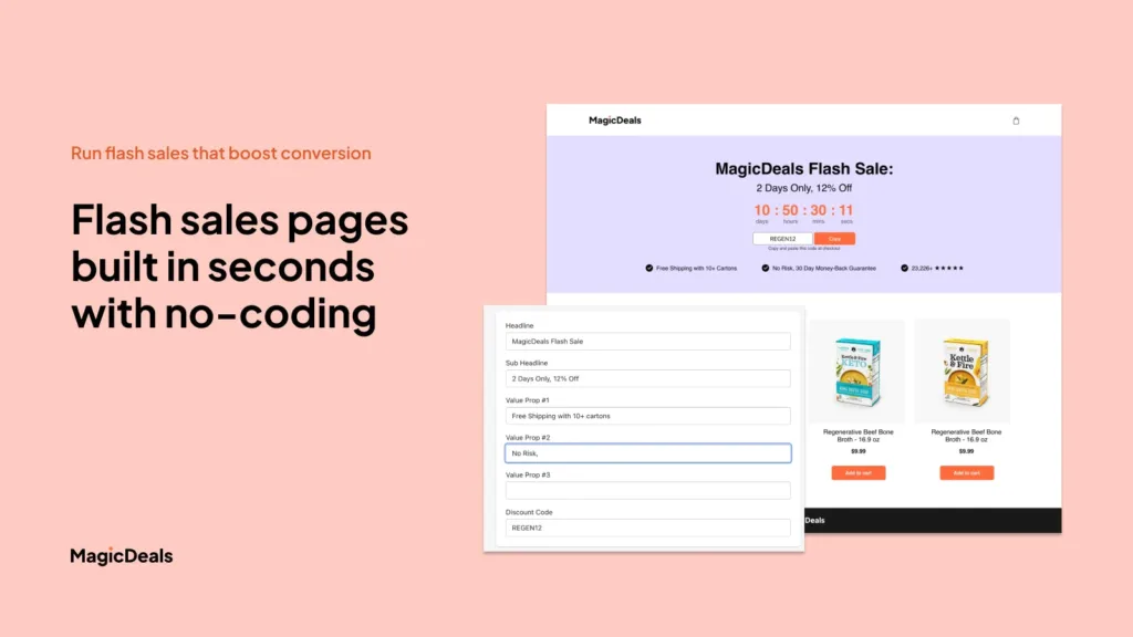 Magic Deals Deals pages with no code to promote time-limited offers for each traffic source.