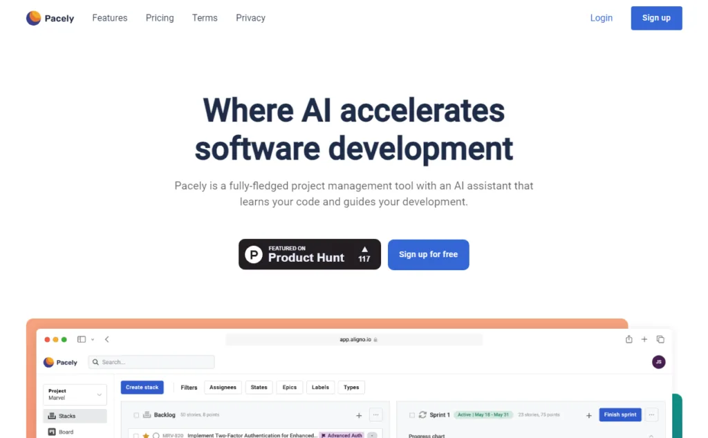 Pacely Project Management Pacely is a fully-fledged project management tool with an AI assistant that delves into your Github repositories