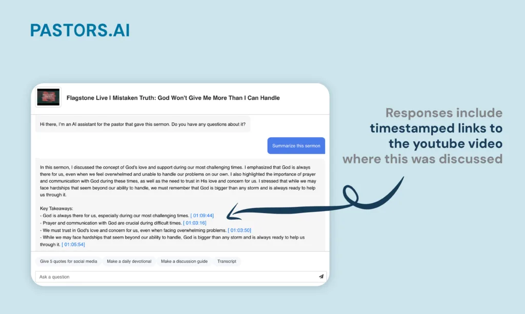 Pastors.ai Custom chatbots based on church sermons. Just input a youtube video of a church service
