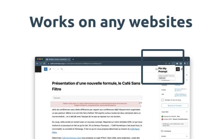 PinMyPrompt Overwhelmed by ChatGPT convos? Try PinMyPrompt! This Chrome Extension pins ChatGPT links to web pages like Google Docs or blog posts. Easily revisit and contextualize past chats right where you need them. Your go-to tool for organizing ChatGPT conversations! find Free AI tools list directory Victrays