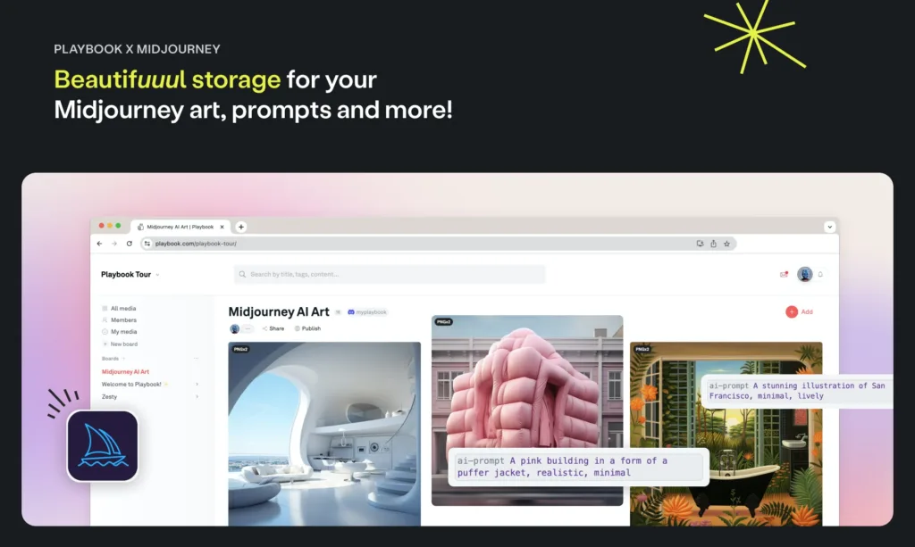 Playbook x Midjourney Streamline your Midjourney workflow by connecting to Playbook’s creative workspace. Playbook will automatically import your creations from Discord