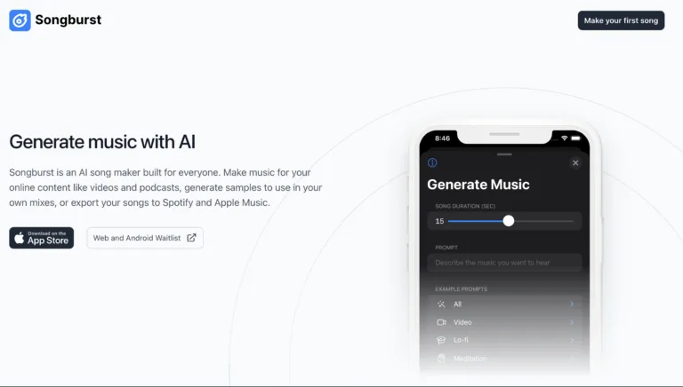 Songburst - AI Music Generation Turn your words into music find Free AI tools list directory Victrays