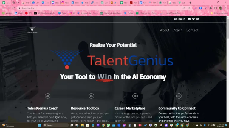 TalentGenius Coach TalentGenius Coach makes it easy to bring the power of generative AI to your tech job search. With one click you can leverage ChatGPT to answer your most important job and career questions without leaving your favorite job sites and get responses tailored to your specific situation. The AI Economy is here