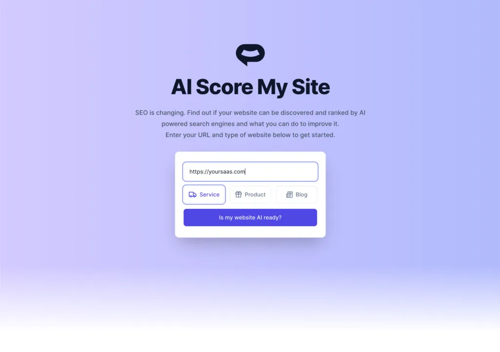 AI Score My Site Find out if your website can be discovered and ranked by AI powered search engines in the future. AI Score My Site will index your site