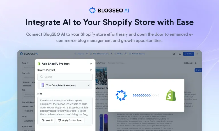 BlogSEO AI for Shopify The new BlogSEO AI Shopify app allows you to create SEO-optimized blog posts tailored to your products. Simply sync your online store