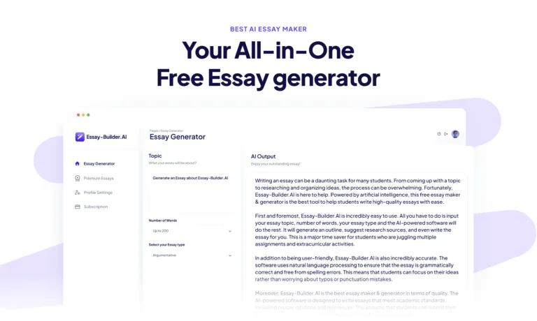 Essay Builder AI Make exceptional essays effortlessly with Essay-Builder.ai - the free AI-powered tool that helps you to generate top-notch essays in seconds. Choose your essay type