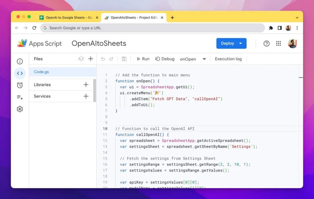 Google Sheets + OpenAI API An easier way to connect Google Sheets with the OpenAI API without third-party tools like Zapier or Make. This “script” allows instant access to responses from GPT-4 and GPT-3.5 models. find Free AI tools list directory Victrays