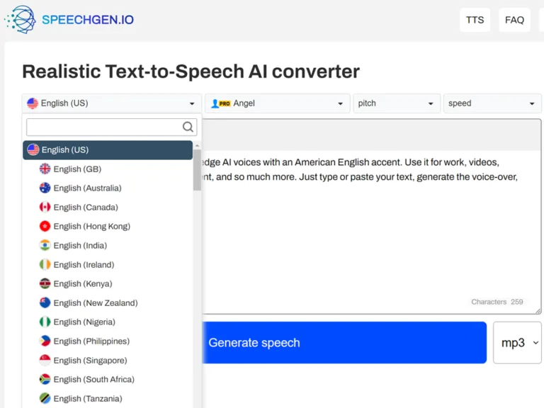 SpeechGen.io SpeechGen.io offers text-to-speech in 150 languages. Users can create voiceovers