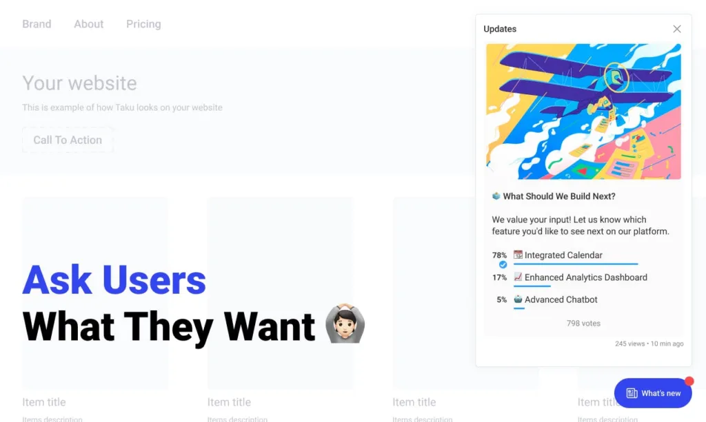 Taku Taku is a widget for your website that lets you send instant alerts and updates to your visitors. Get feedback with quick votes and reactions. find Free AI tools list directory Victrays