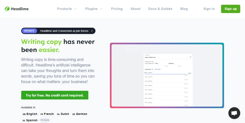 Headlime - Writing effective marketing copy can be tough or time consuming. Headlime uses artificial intelligence and templates to make writing faster and easier.