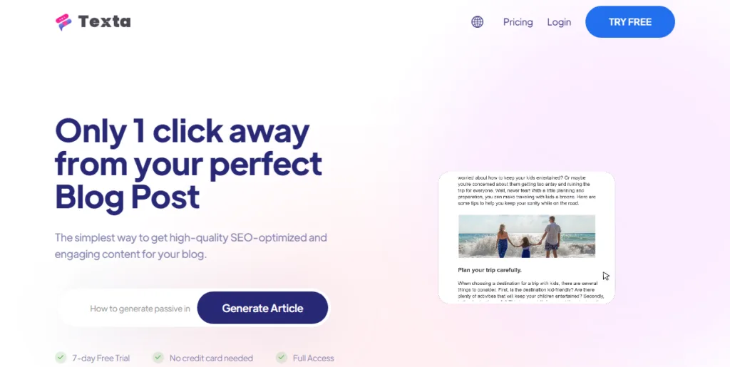 Texta - Free AI article generator 7-day trial. Write blog articles in seconds.