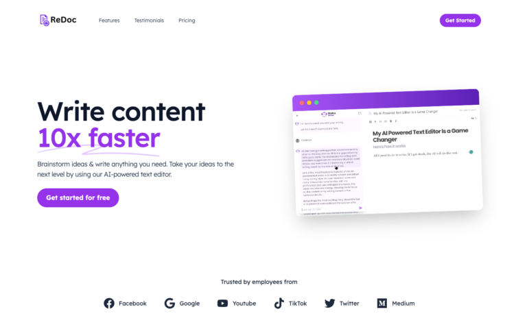 Featured tools ReDoc.ai With ReDoc.ai write content 10x faster! Brainstorm ideas & write anything you need. Take your ideas to the next level by using our AI-powered text editor.