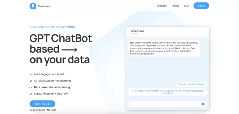 Chatknows.ai - Chatknows.ai is an AI-powered chatbot designed to revolutionize customer service and drive business growth. Leveraging advanced artificial intelligence and natural language processing
