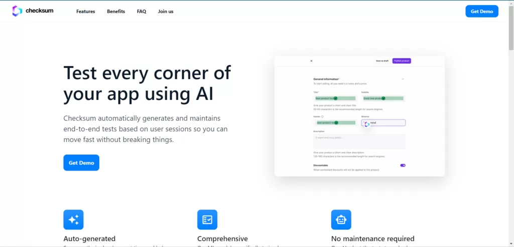 Checksum. - Checksum automatically generates and maintains end-to-end tests based on user sessions so you can move fast without breaking things.
