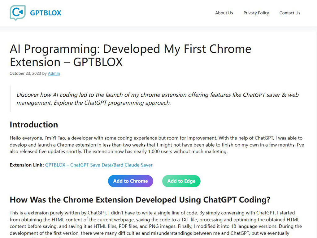 GPTBLOX - Save your ChatGPT/Bard/Claude/HuggingChat conversations and website articles as HTML/TXT/PDF/PNG files and organize them in groups.