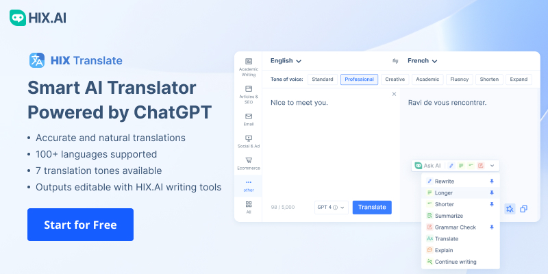 HIX Translate - HIX Translate is driven by the encyclopedic ChatGPT. It understands the nuances of different languages and is knowledgeable about various subjects.