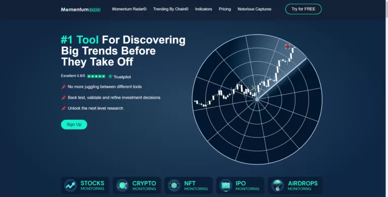 MomentumRadar - MomentumRadar - Discover Next Level Market ResearchrnrnMomentum Radar - #1 AI Tool For Discovering Big Trends Before They Take OffrnrnUnlock the next generation research and technical analysis toolkit. True gains only come from reliable data and justified decisions. rnrnMomentum Radar features:rn- Momentum Radarrn- Momentum Trending by Chainrn- IndicatorsrnrnrnMomentum Radar©rnrnGet the true sentiment edge. Our proprietary monitoring algorithm monitors crypto communities