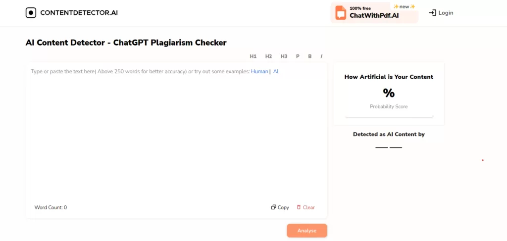contentdetector.ai - ContentDetector.AI is an accurate and free AI Detector and AI Content Detector that can be used to detect any AI-generated content. It provides a probability score based on the likelihood that the text content was generated by AI tools or chatbots.