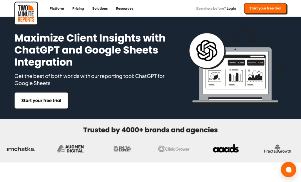 Two Minute Reports - Effortlessly collect and analyze key metrics with Two Minute Reports. Uncover powerful AI-driven insights using our ChatGPT for Google Sheets tool and instantly extract data-driven insights to create stunning performance reports in minutes.