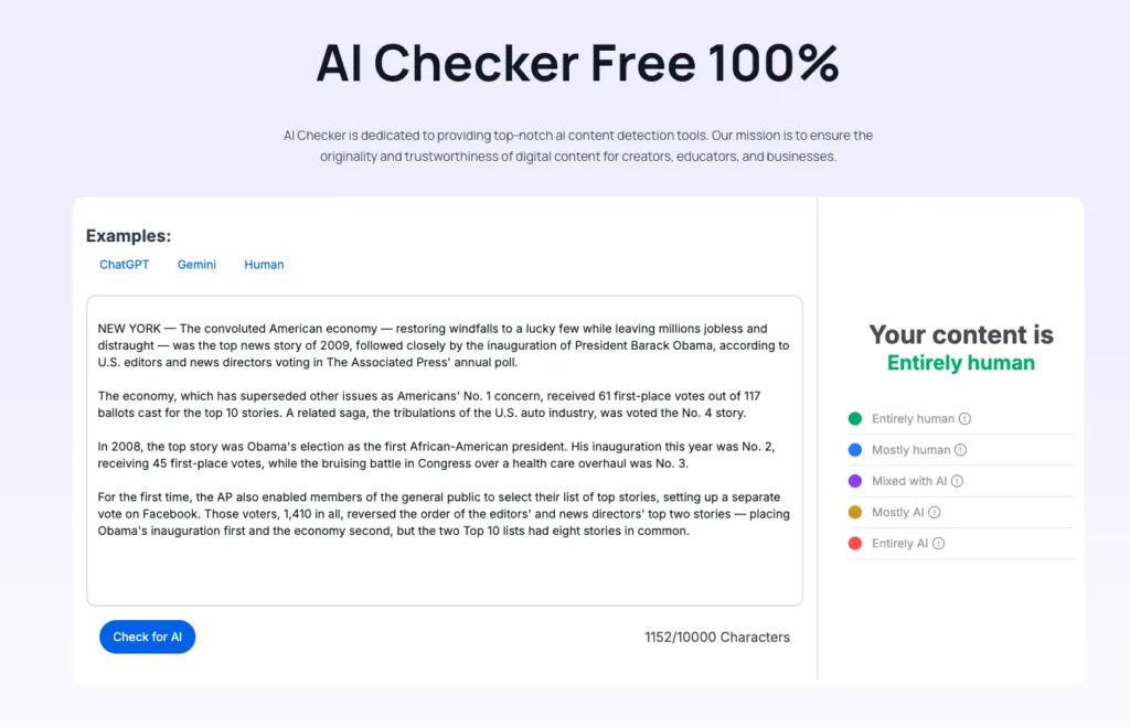 AI Checker - AI Checker can identify AI-generated content in various texts. It classifies into 5 levels: completely human-written