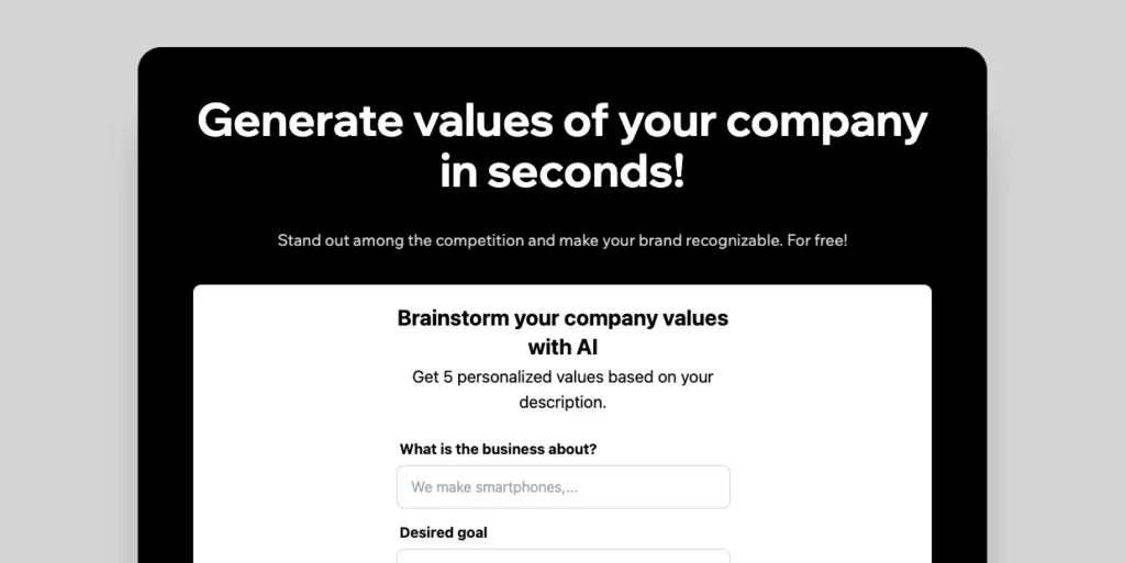 AI Company Values Generator - Company Values Generator is an innovative AI-powered tool designed to help entrepreneurs and marketers define and articulate their company's core values with ease and precision.