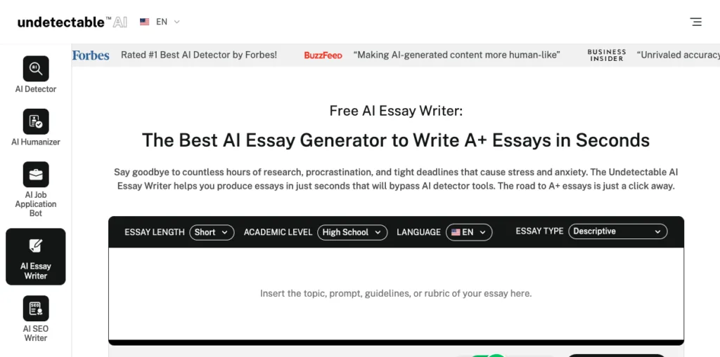 AI Essay Writer - Undetectable.ai is an AI-powered essay writing tool designed to help users generate high-quality essays and written content quickly. It leverages advanced language models to craft well-structured