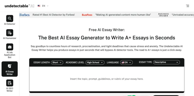 AI Essay Writer - Undetectable.ai is an AI-powered essay writing tool designed to help users generate high-quality essays and written content quickly. It leverages advanced language models to craft well-structured