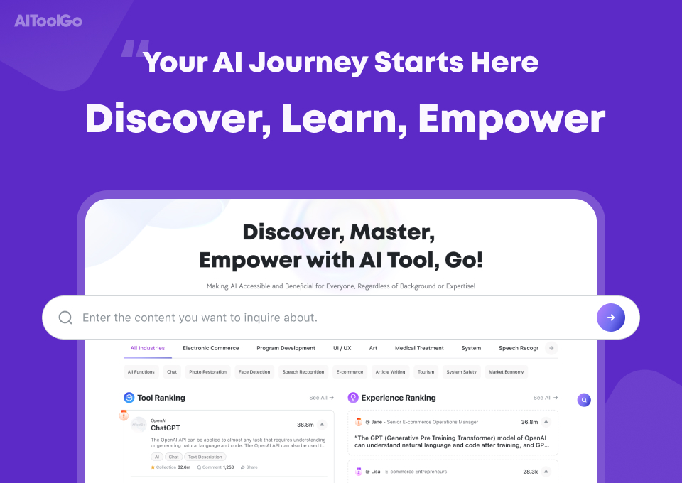 AiToolGo - Your AI-powered one-stop platform for discovering top AI tools and learning resources. Our unique AI Search Assistant personalizes recommendations for all skill levels. From beginners to experts