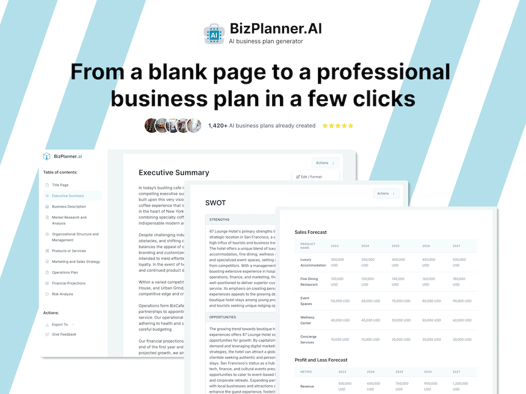 BizPlanner AI - BizPlanner.AI is an AI-powered tool that enables users to create comprehensive business plans in under 15 minutes with an easy-to-use editor and export options.