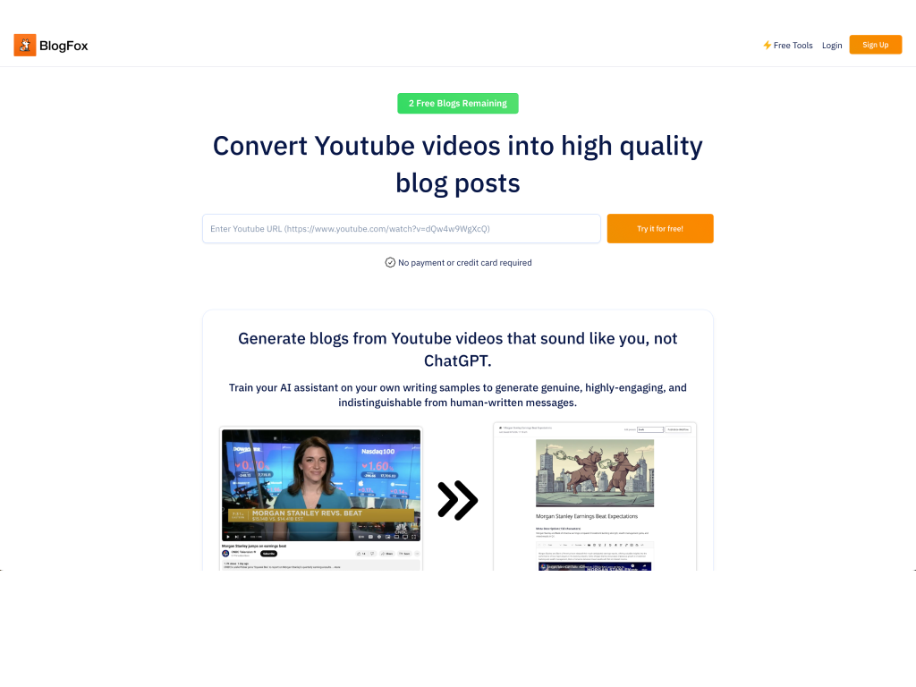 BlogFox - Generate impressive blogs from a Youtube video or SEO keywords at scale.